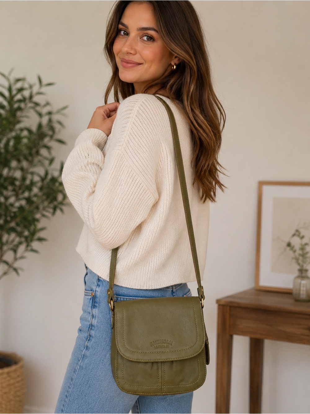 American Leather Co Crossbody Bag Olive Green Genuine Leather Adjustable Strap